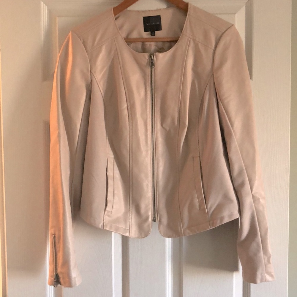 Pale pink faux leather and knit jacket.